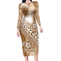 Tonga Kupesi Ngatu Family Matching Long Sleeve Bodycon Dress and Hawaiian Shirt Vintage Brown Plumeria