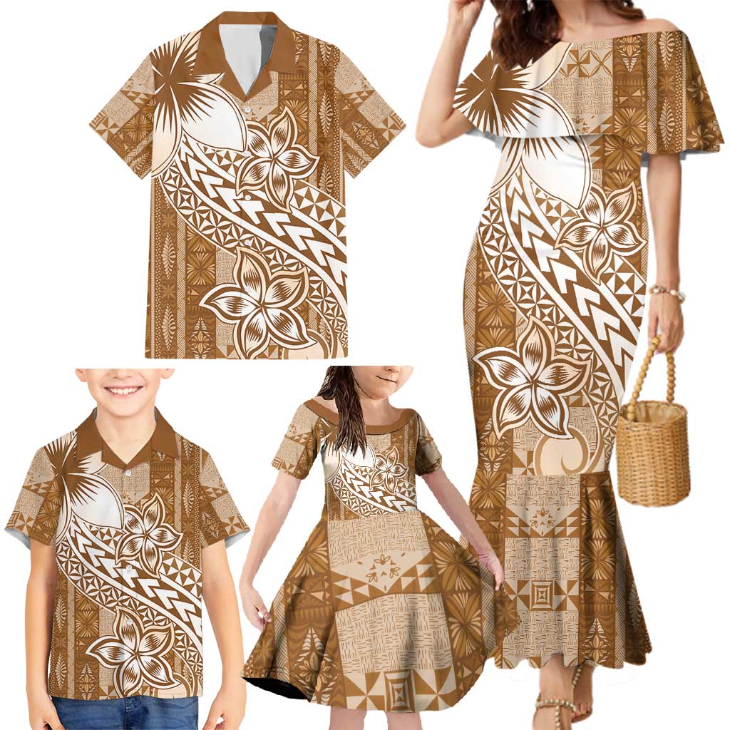 Tonga Kupesi Ngatu Family Matching Mermaid Dress and Hawaiian Shirt Vintage Brown Plumeria