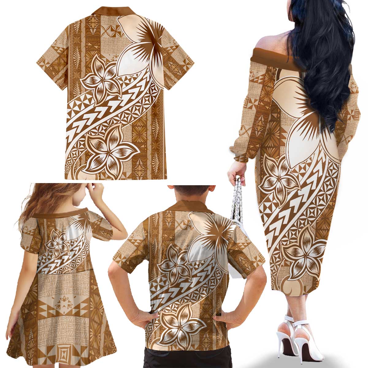 Tonga Kupesi Ngatu Family Matching Off The Shoulder Long Sleeve Dress and Hawaiian Shirt Vintage Brown Plumeria