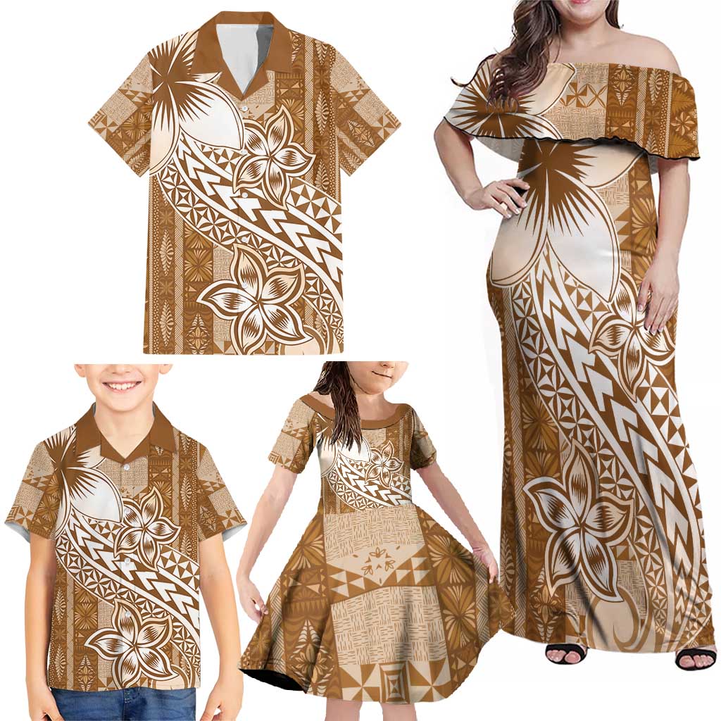 Tonga Kupesi Ngatu Family Matching Off Shoulder Maxi Dress and Hawaiian Shirt Vintage Brown Plumeria