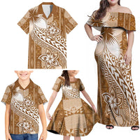 Tonga Kupesi Ngatu Family Matching Off Shoulder Maxi Dress and Hawaiian Shirt Vintage Brown Plumeria