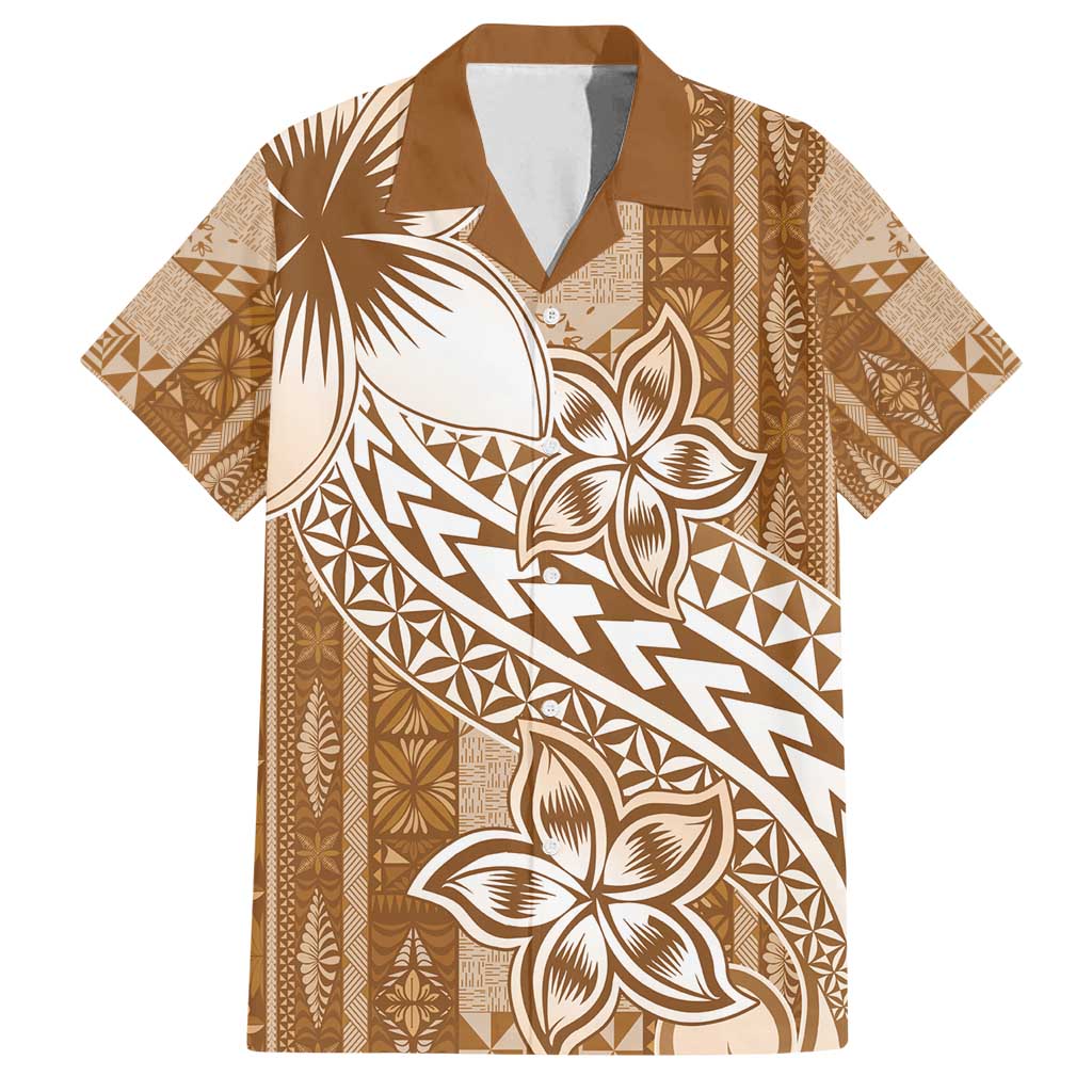Tonga Kupesi Ngatu Family Matching Off Shoulder Short Dress and Hawaiian Shirt Vintage Brown Plumeria