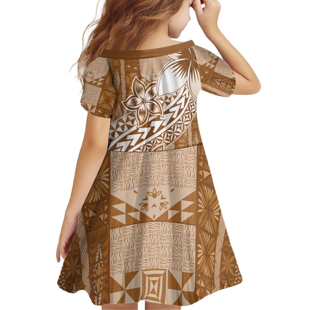 Tonga Kupesi Ngatu Kid Short Sleeve Dress Vintage Brown Plumeria