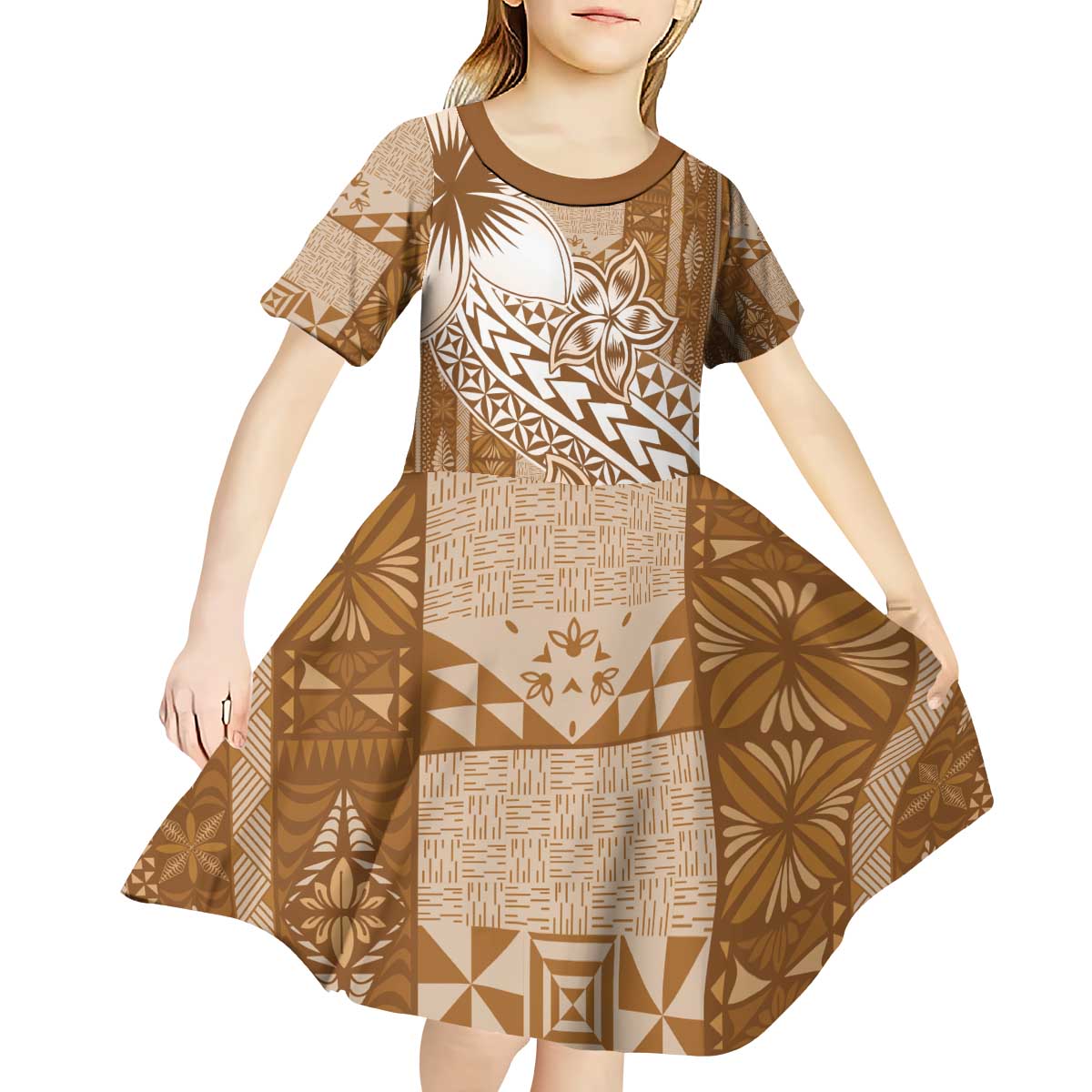 Tonga Kupesi Ngatu Kid Short Sleeve Dress Vintage Brown Plumeria