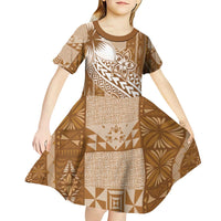 Tonga Kupesi Ngatu Kid Short Sleeve Dress Vintage Brown Plumeria
