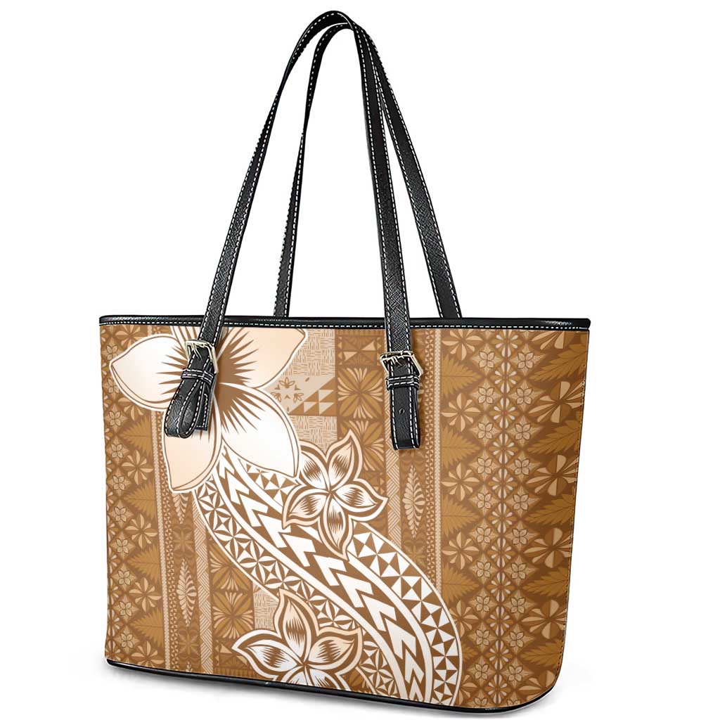 Tonga Kupesi Ngatu Leather Tote Bag Vintage Brown Plumeria