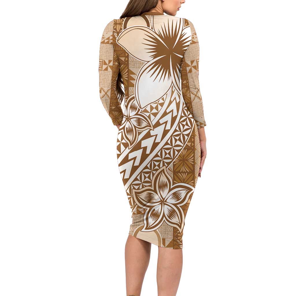 Tonga Kupesi Ngatu Long Sleeve Bodycon Dress Vintage Brown Plumeria