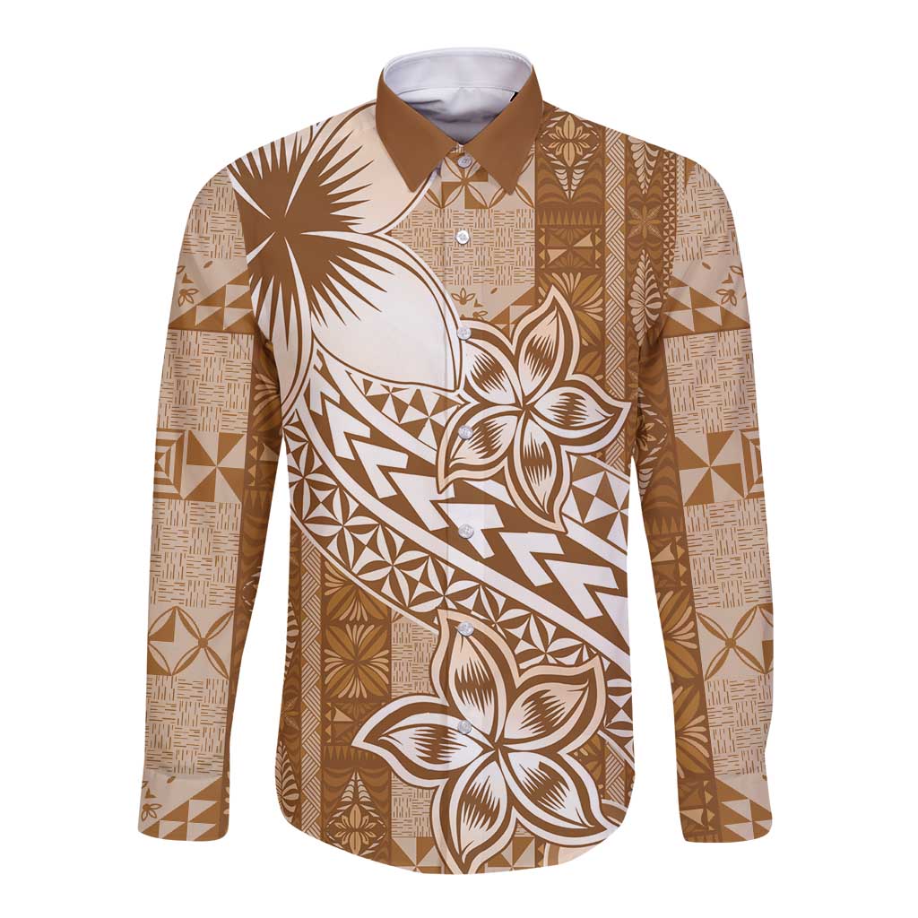 Tonga Kupesi Ngatu Long Sleeve Button Shirt Vintage Brown Plumeria