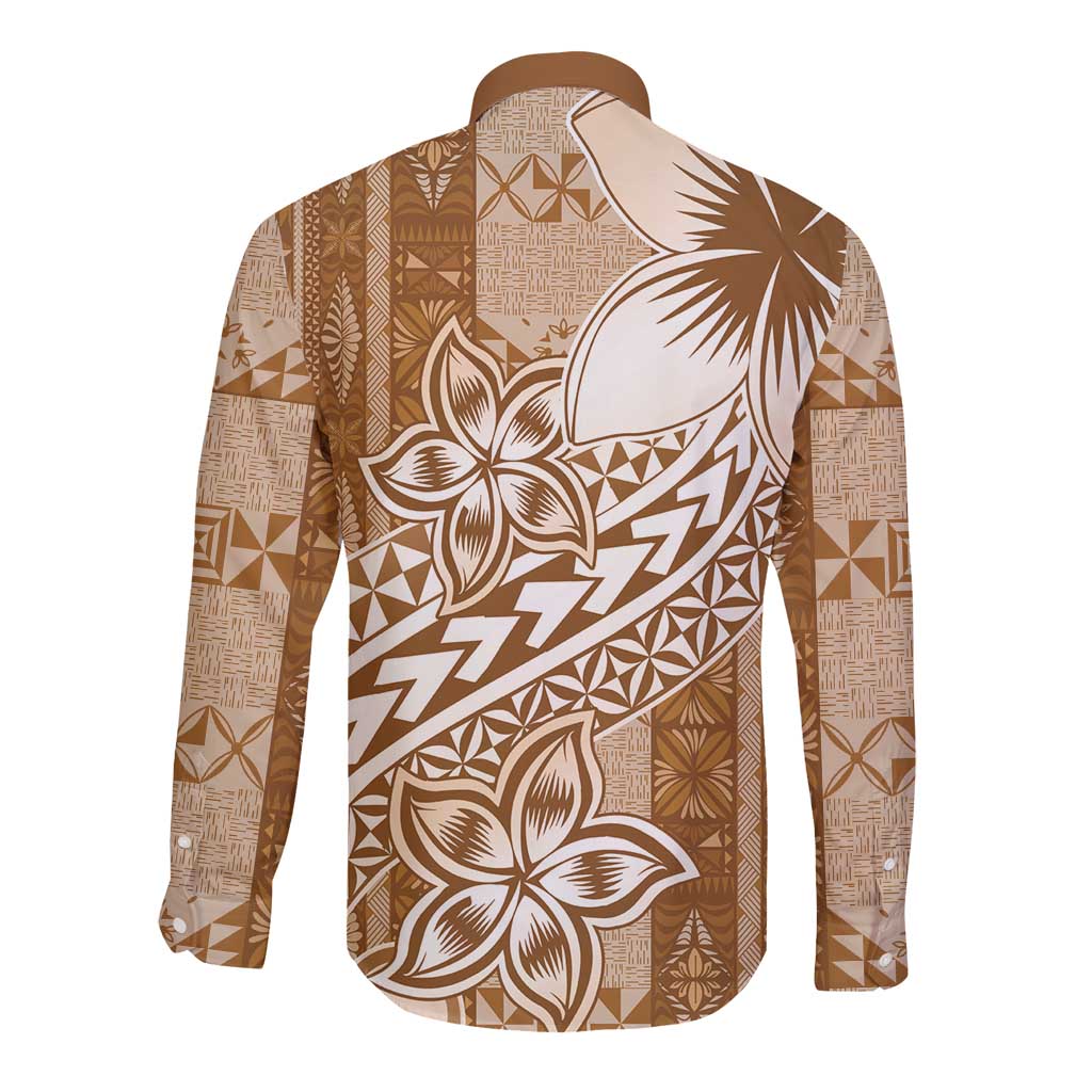 Tonga Kupesi Ngatu Long Sleeve Button Shirt Vintage Brown Plumeria