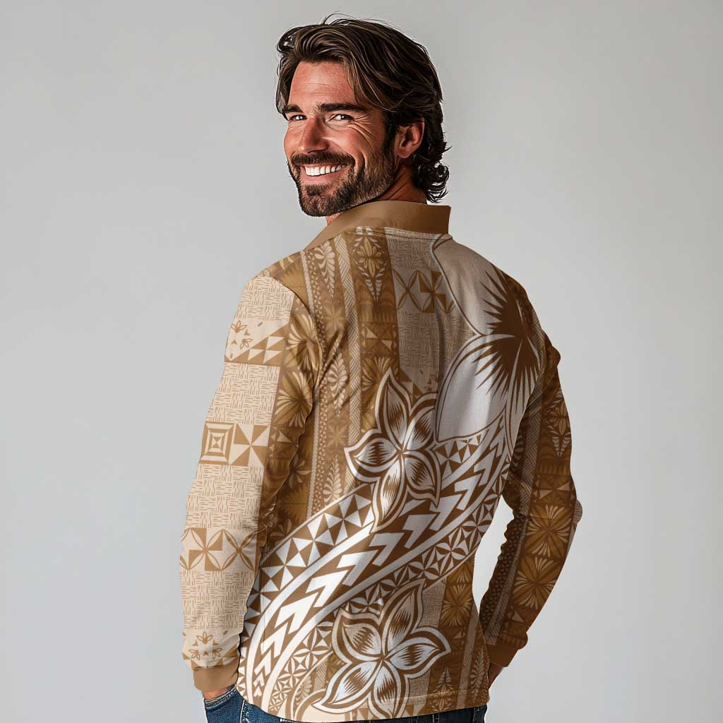Tonga Kupesi Ngatu Long Sleeve Polo Shirt Vintage Brown Plumeria
