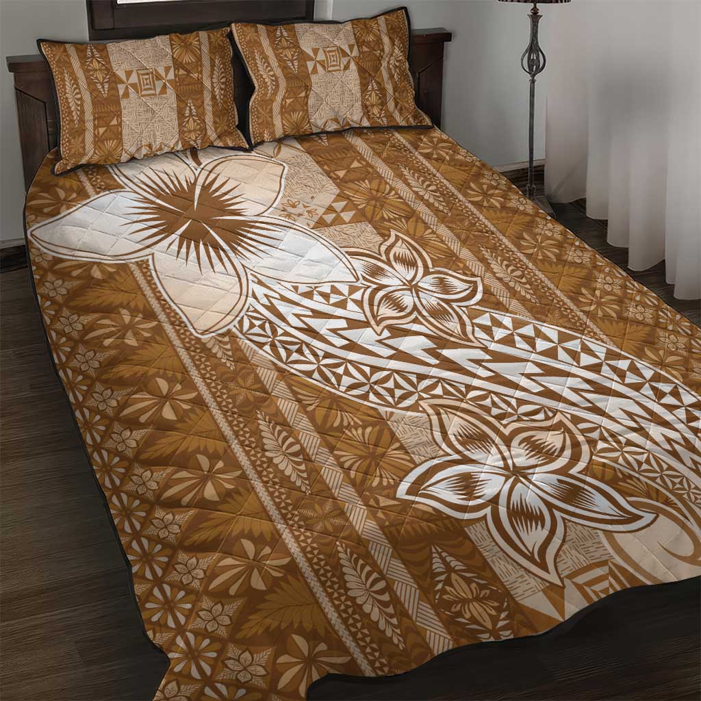 Tonga Kupesi Ngatu Quilt Bed Set Vintage Brown Plumeria