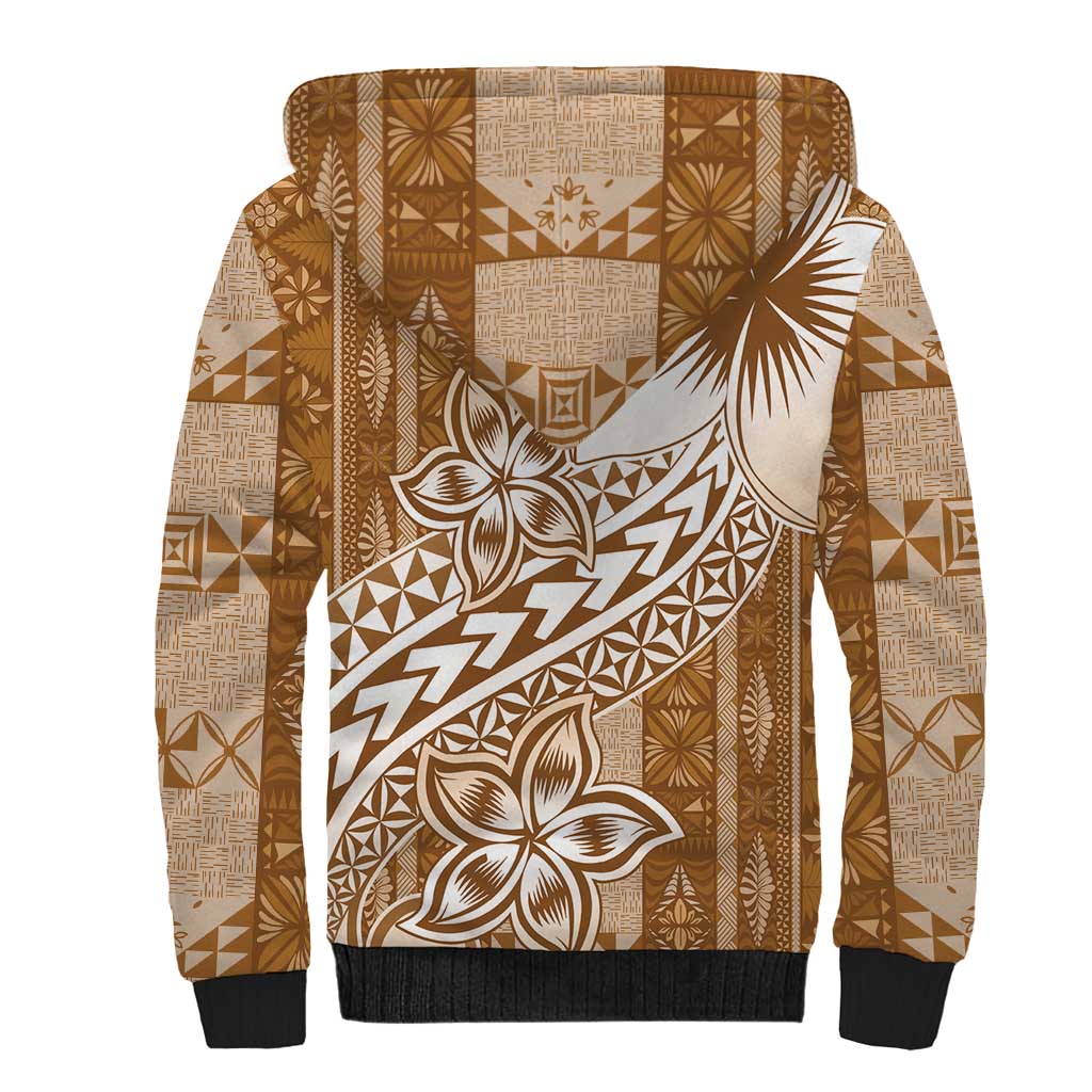 Tonga Kupesi Ngatu Sherpa Hoodie Vintage Brown Plumeria