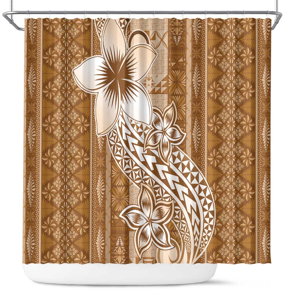 Tonga Kupesi Ngatu Shower Curtain Vintage Brown Plumeria
