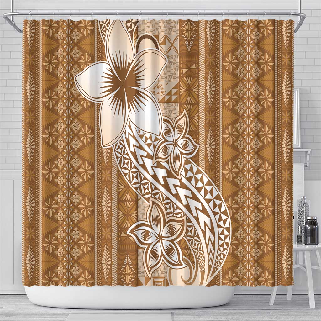 Tonga Kupesi Ngatu Shower Curtain Vintage Brown Plumeria