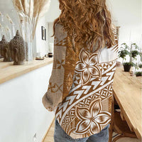 Tonga Kupesi Ngatu Women Casual Shirt Vintage Brown Plumeria LT05 - Polynesian Pride