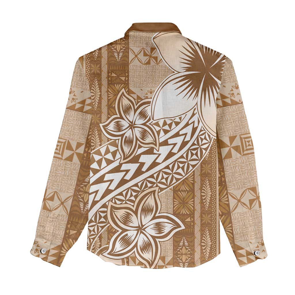 Tonga Kupesi Ngatu Women Casual Shirt Vintage Brown Plumeria LT05 - Polynesian Pride