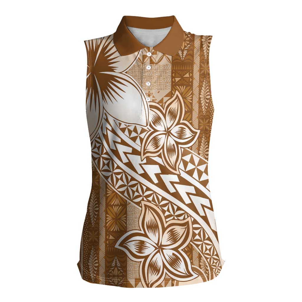 Tonga Kupesi Ngatu Women Sleeveless Polo Shirt Vintage Brown Plumeria