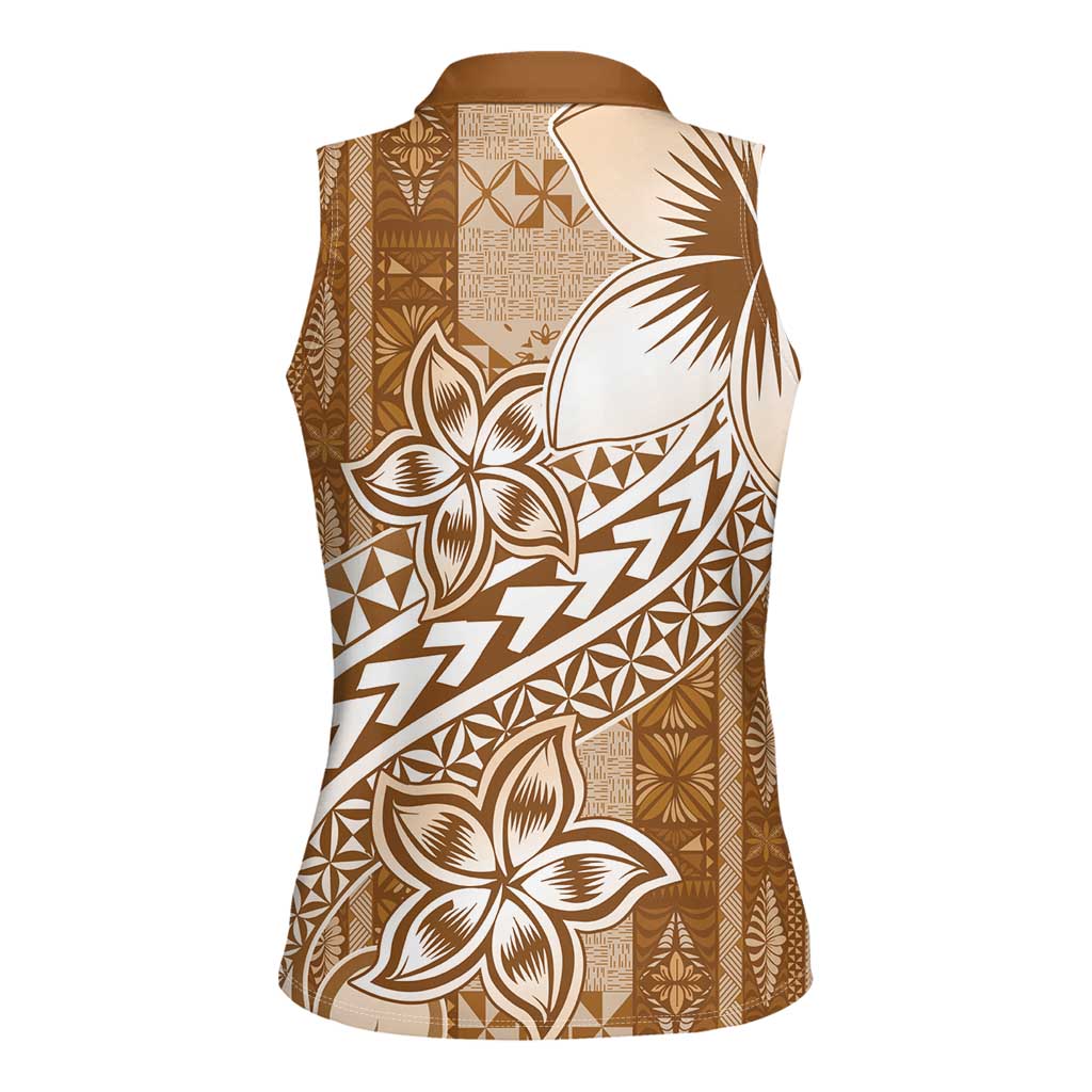 Tonga Kupesi Ngatu Women Sleeveless Polo Shirt Vintage Brown Plumeria