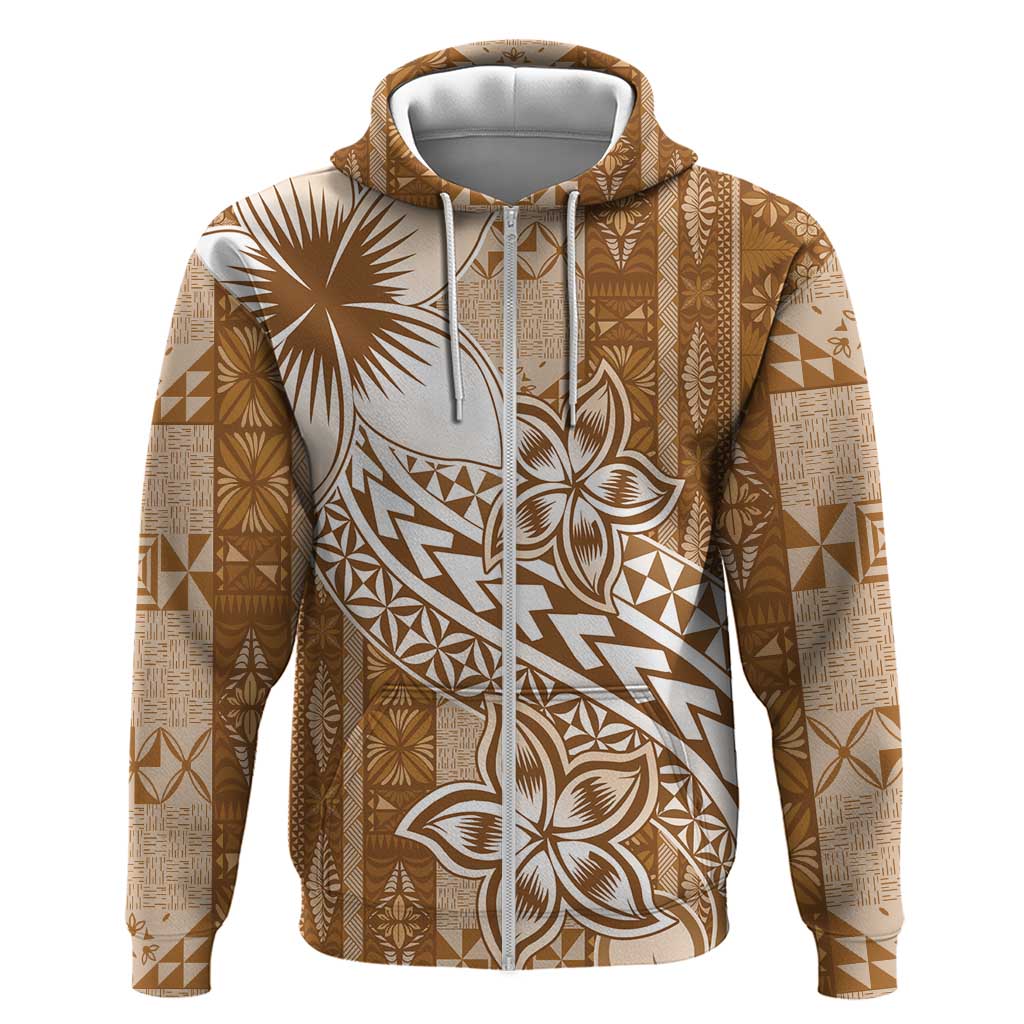 Tonga Kupesi Ngatu Zip Hoodie Vintage Brown Plumeria