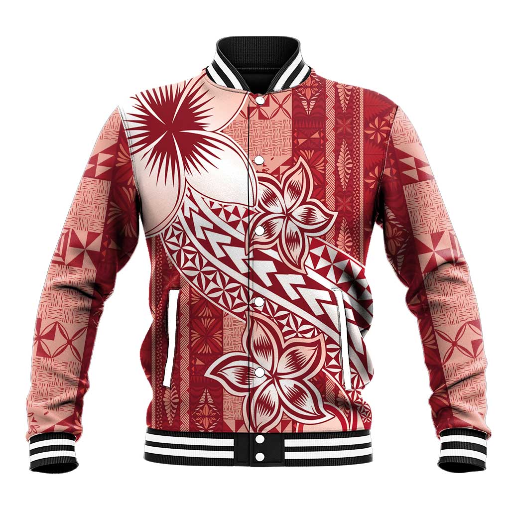 Tonga Kupesi Ngatu Baseball Jacket Vintage Red Plumeria