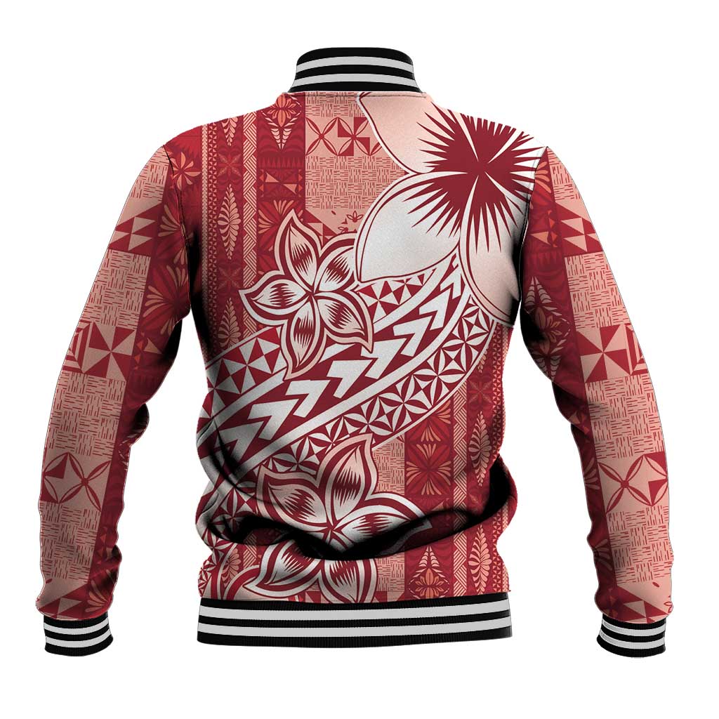 Tonga Kupesi Ngatu Baseball Jacket Vintage Red Plumeria