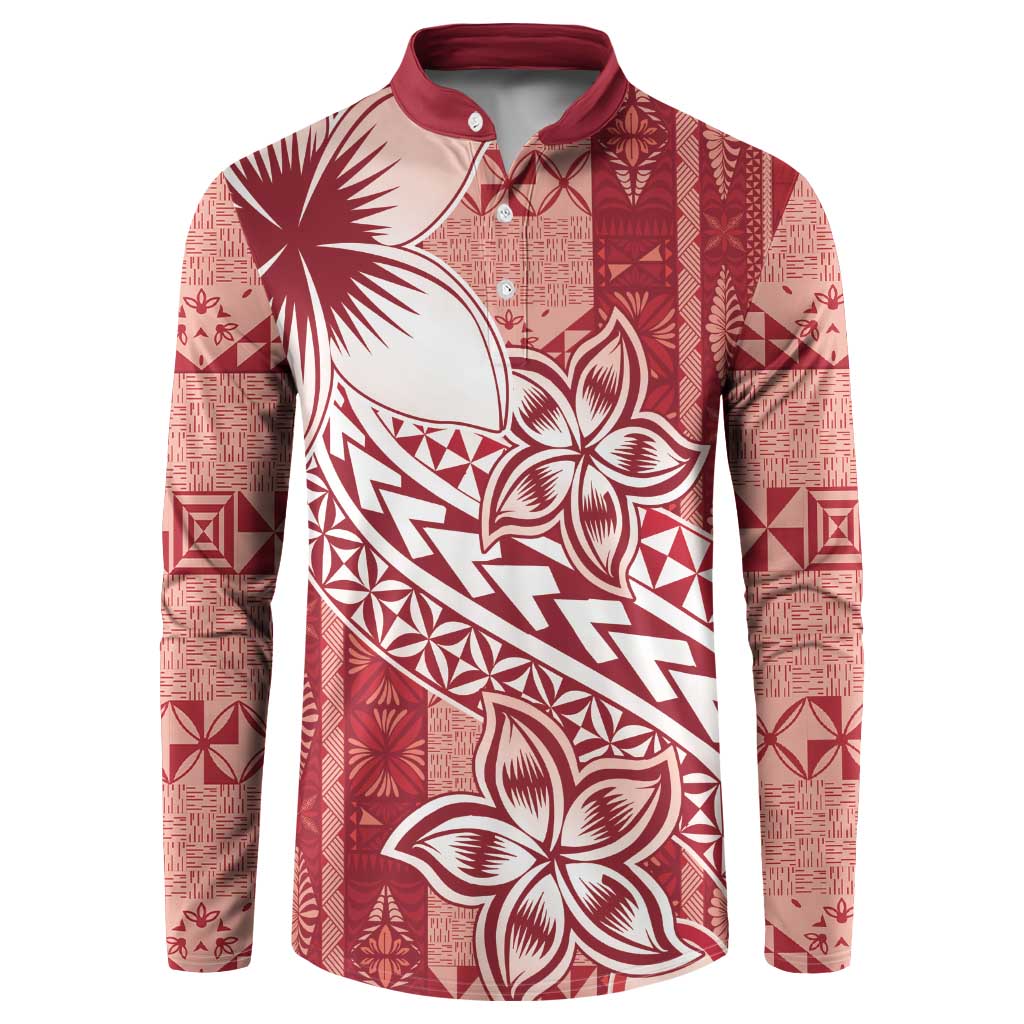 Tonga Kupesi Ngatu Button Sweatshirt Vintage Red Plumeria
