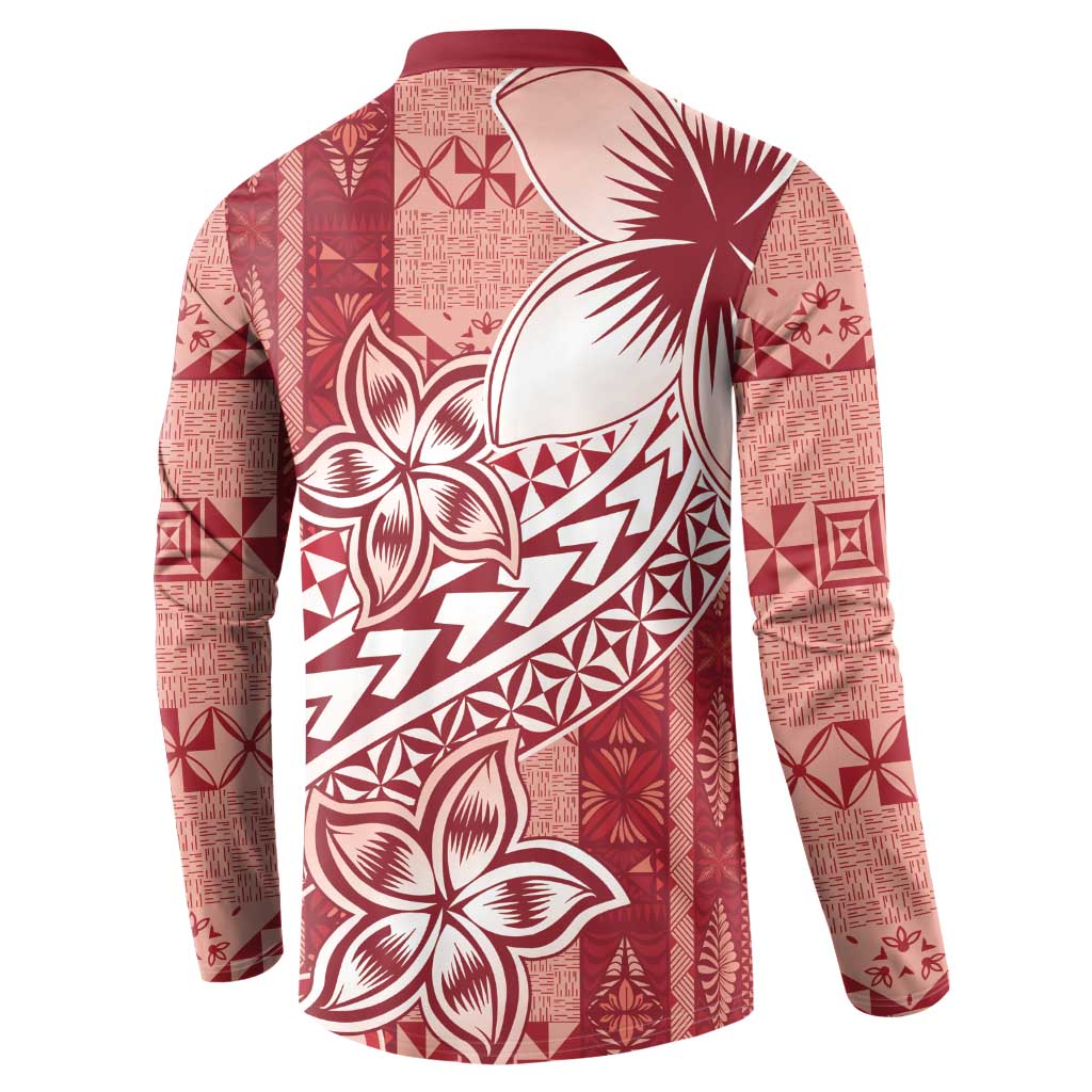 Tonga Kupesi Ngatu Button Sweatshirt Vintage Red Plumeria