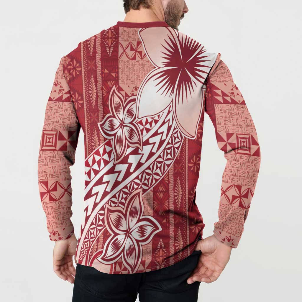 Tonga Kupesi Ngatu Button Sweatshirt Vintage Red Plumeria