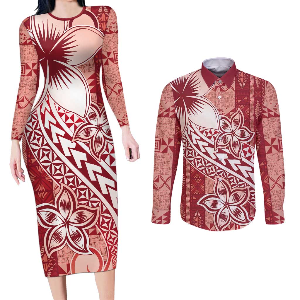 Tonga Kupesi Ngatu Couples Matching Long Sleeve Bodycon Dress and Long Sleeve Button Shirt Vintage Red Plumeria