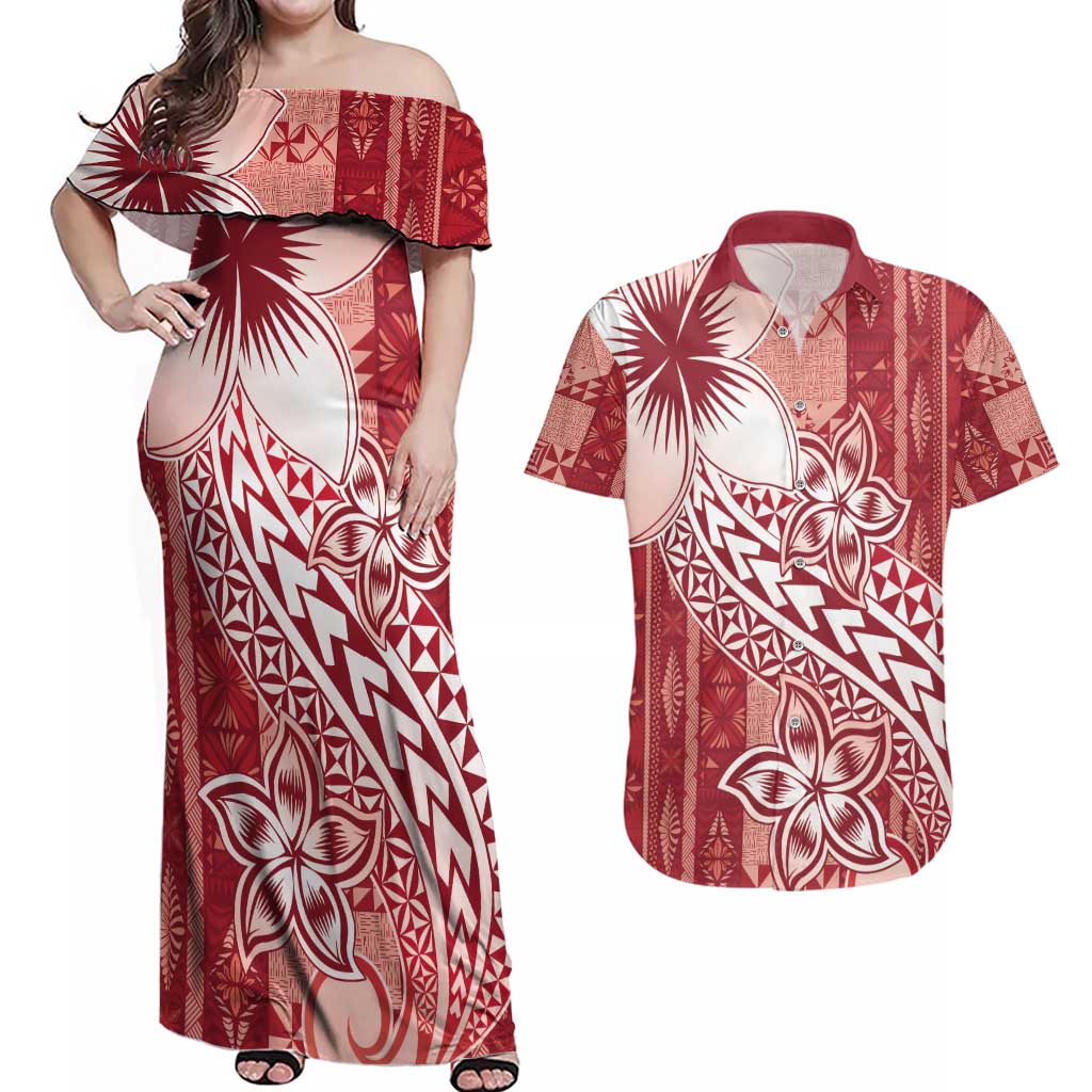 Tonga Kupesi Ngatu Couples Matching Off Shoulder Maxi Dress and Hawaiian Shirt Vintage Red Plumeria LT05 Red - Polynesian Pride