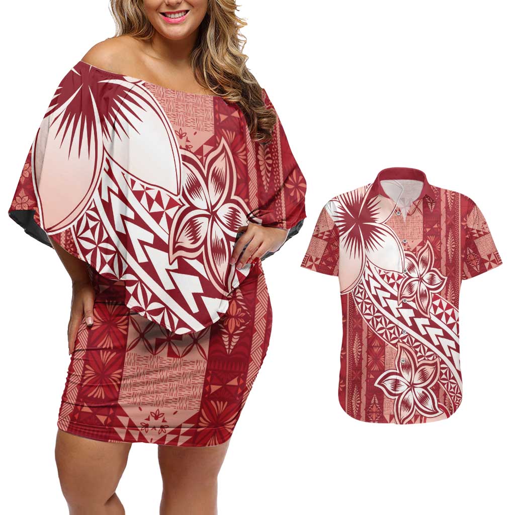 Tonga Kupesi Ngatu Couples Matching Off Shoulder Short Dress and Hawaiian Shirt Vintage Red Plumeria LT05 Red - Polynesian Pride