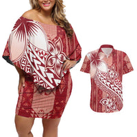 Tonga Kupesi Ngatu Couples Matching Off Shoulder Short Dress and Hawaiian Shirt Vintage Red Plumeria LT05 Red - Polynesian Pride