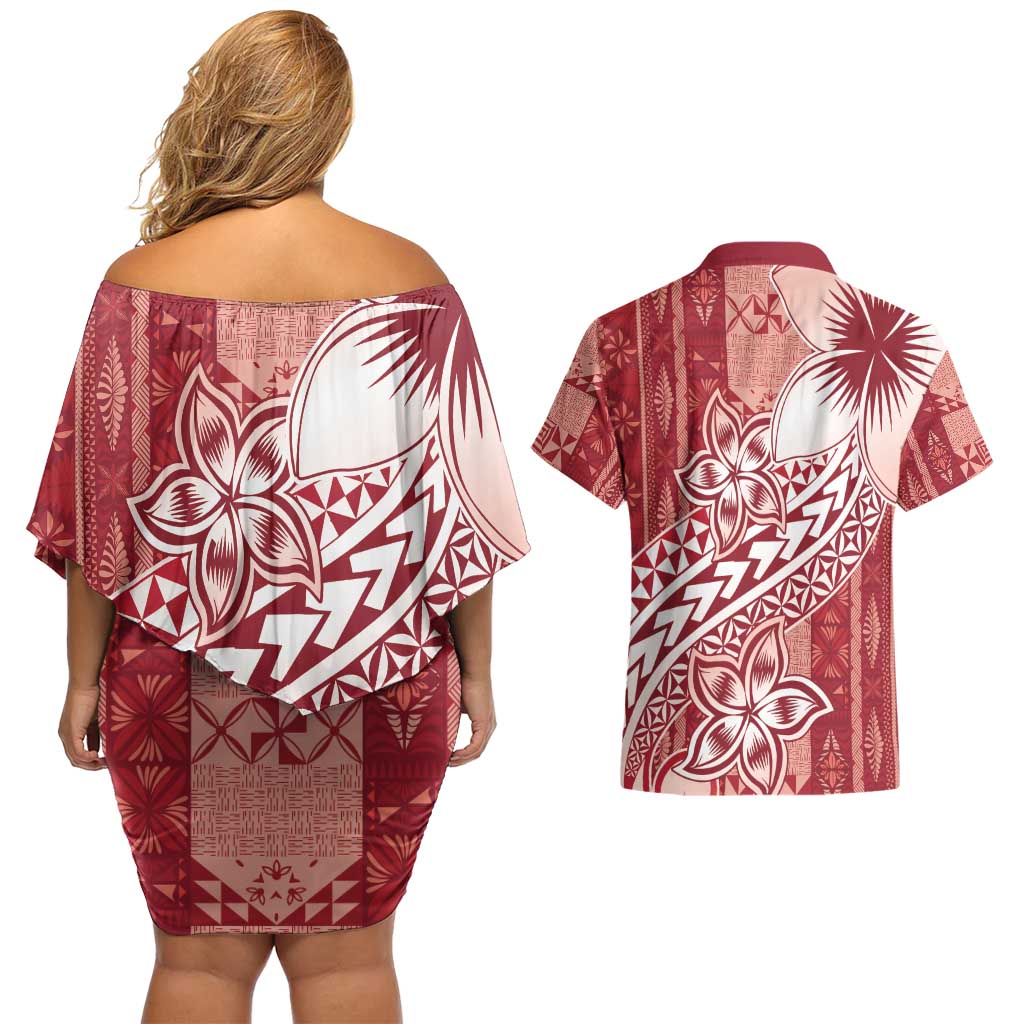 Tonga Kupesi Ngatu Couples Matching Off Shoulder Short Dress and Hawaiian Shirt Vintage Red Plumeria LT05 - Polynesian Pride