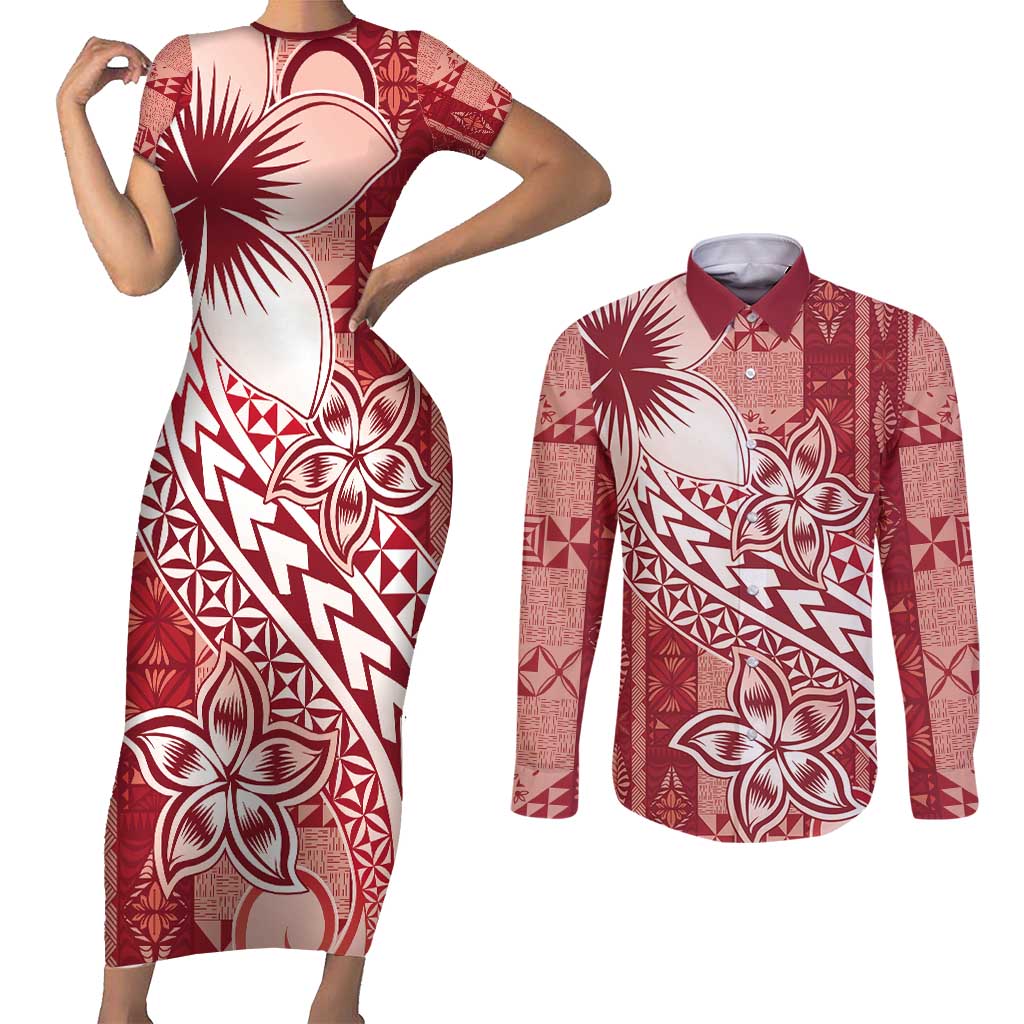 Tonga Kupesi Ngatu Couples Matching Short Sleeve Bodycon Dress and Long Sleeve Button Shirt Vintage Red Plumeria