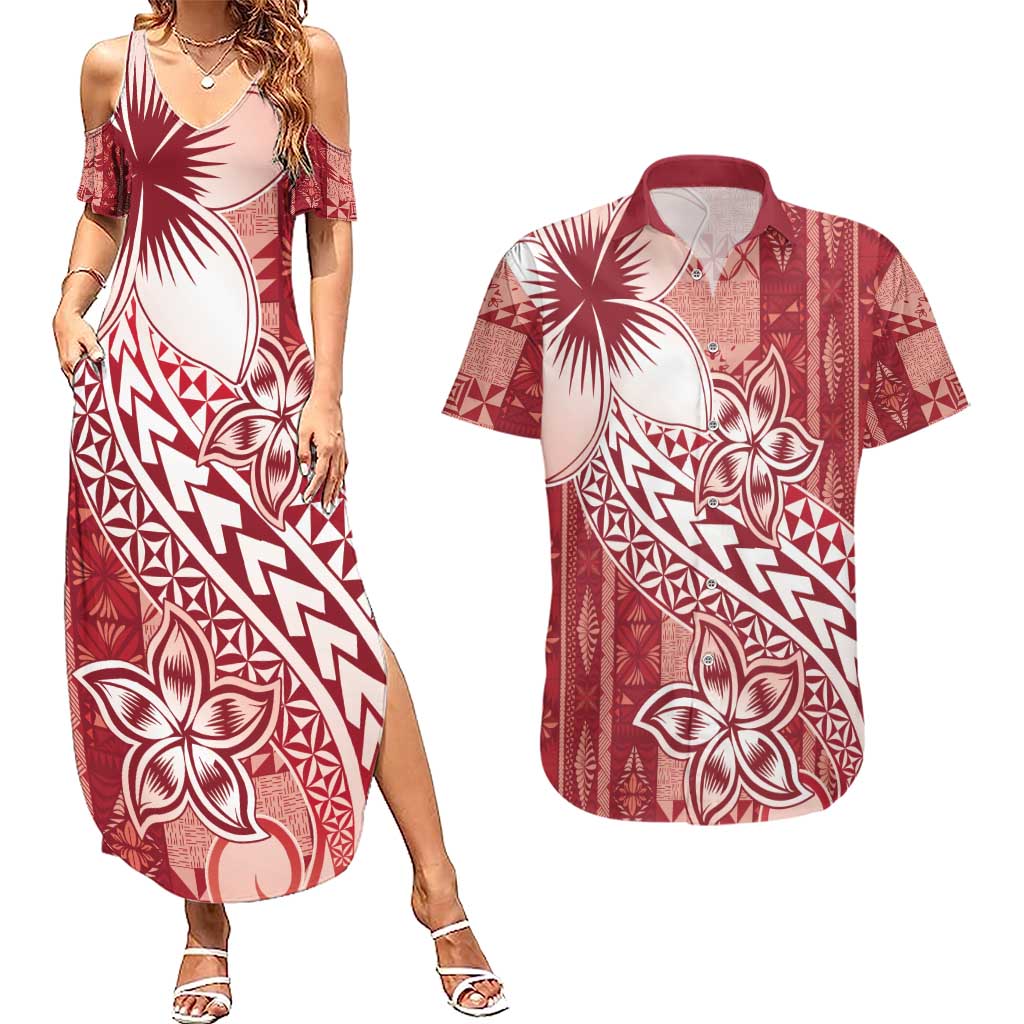 Tonga Kupesi Ngatu Couples Matching Summer Maxi Dress and Hawaiian Shirt Vintage Red Plumeria