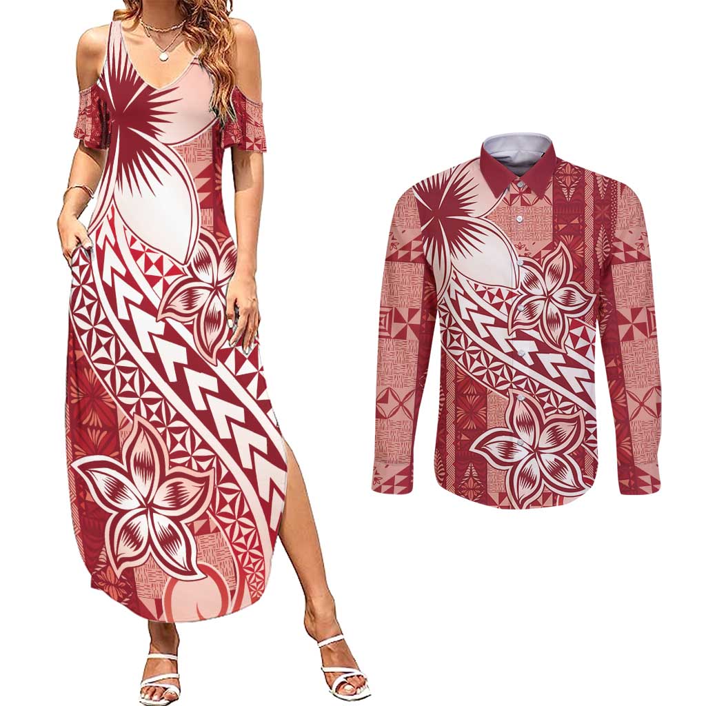 Tonga Kupesi Ngatu Couples Matching Summer Maxi Dress and Long Sleeve Button Shirt Vintage Red Plumeria