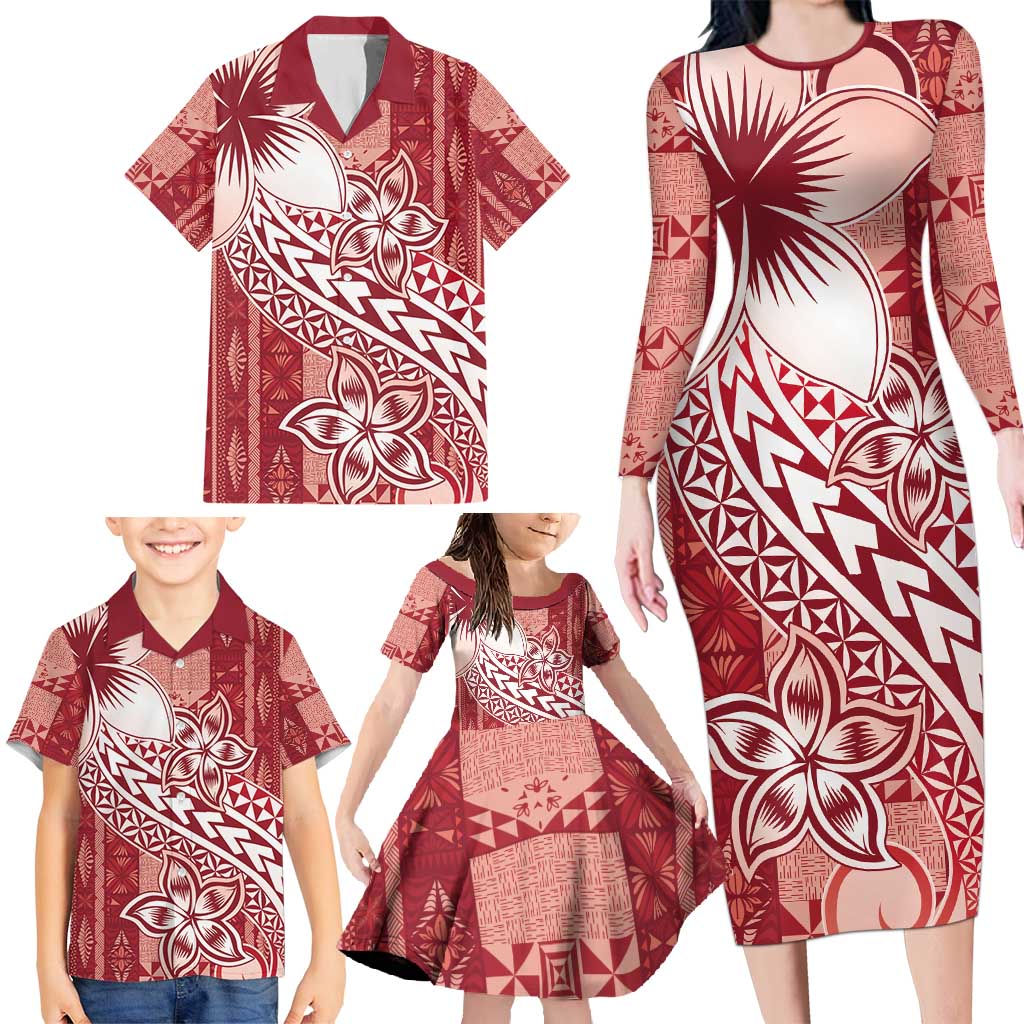 Tonga Kupesi Ngatu Family Matching Long Sleeve Bodycon Dress and Hawaiian Shirt Vintage Red Plumeria