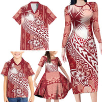 Tonga Kupesi Ngatu Family Matching Long Sleeve Bodycon Dress and Hawaiian Shirt Vintage Red Plumeria