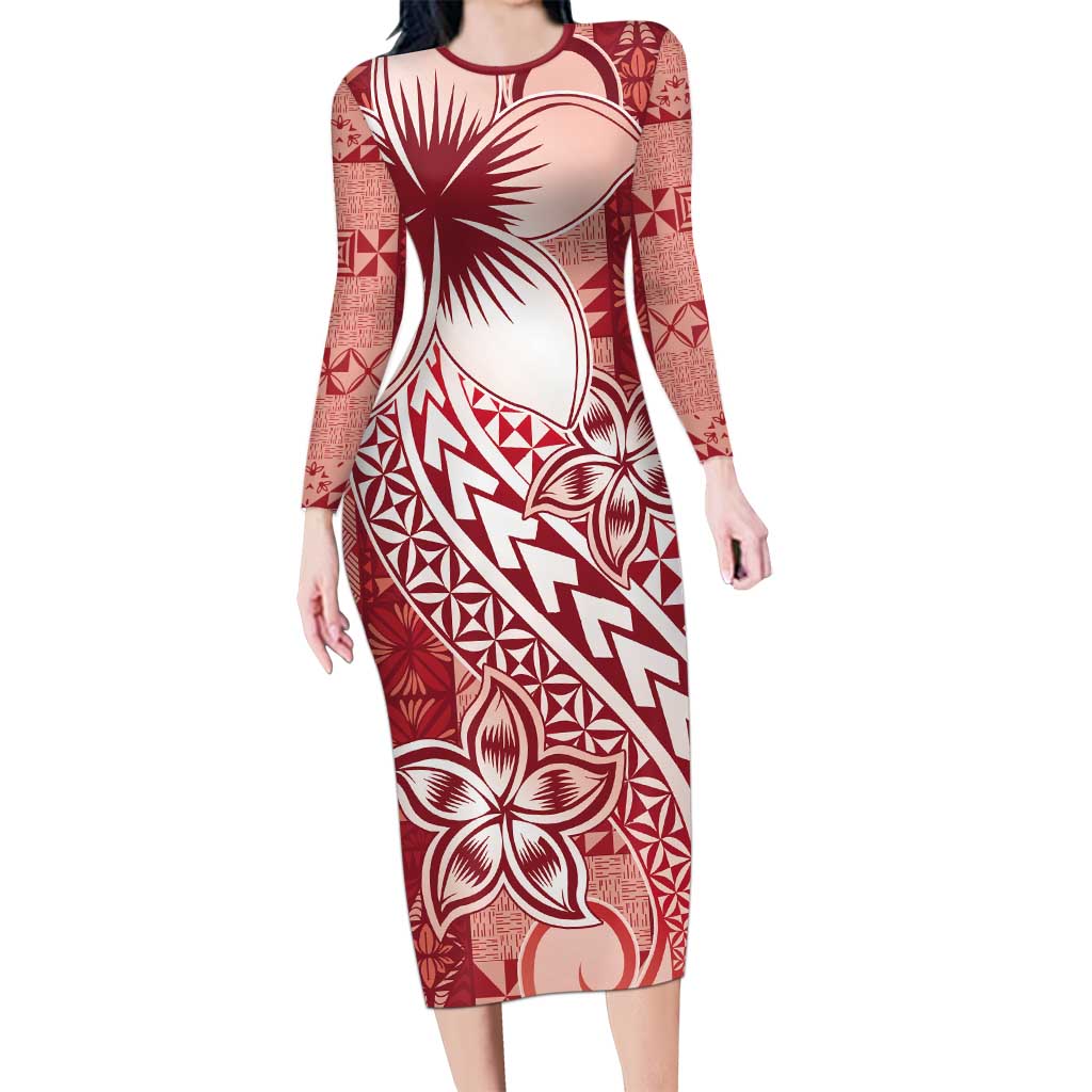 Tonga Kupesi Ngatu Family Matching Long Sleeve Bodycon Dress and Hawaiian Shirt Vintage Red Plumeria