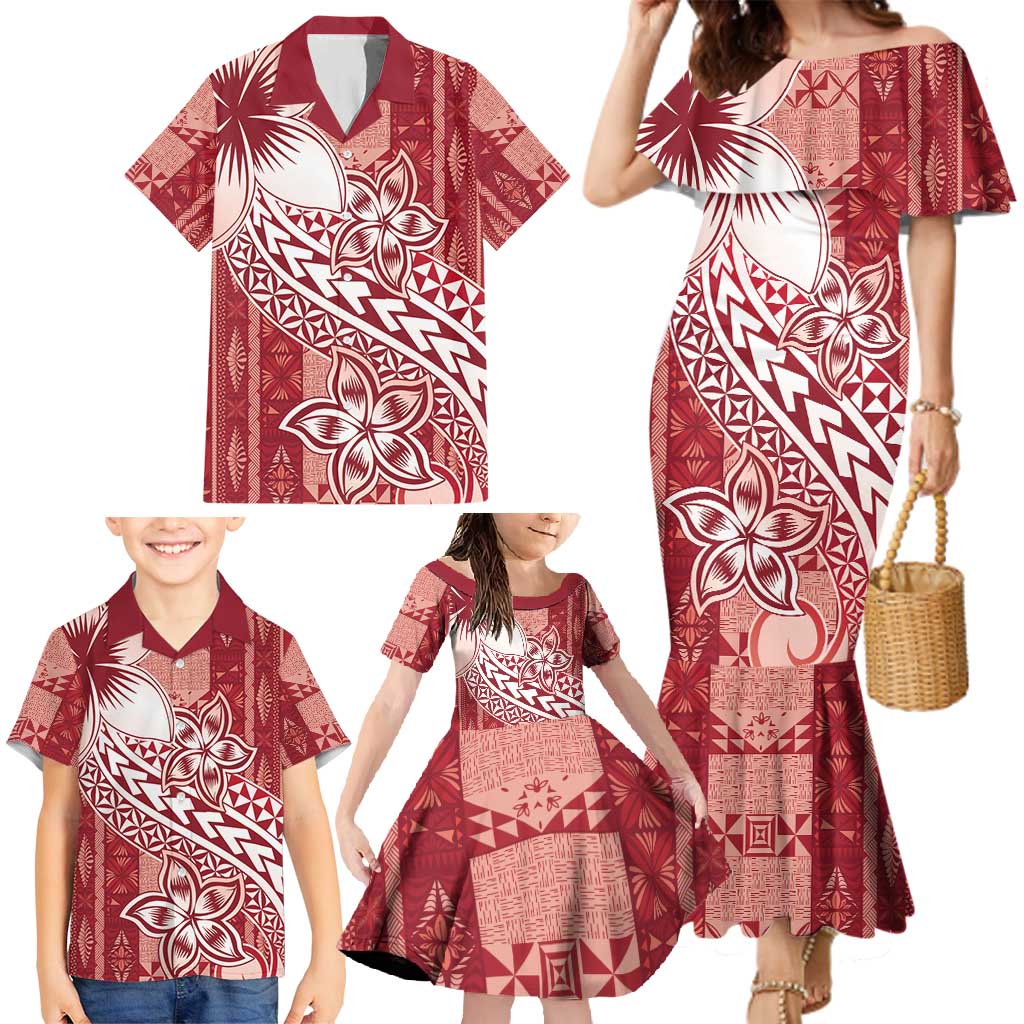 Tonga Kupesi Ngatu Family Matching Mermaid Dress and Hawaiian Shirt Vintage Red Plumeria