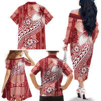 Tonga Kupesi Ngatu Family Matching Off The Shoulder Long Sleeve Dress and Hawaiian Shirt Vintage Red Plumeria