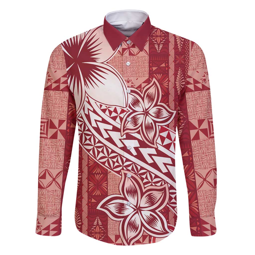 Tonga Kupesi Ngatu Family Matching Off Shoulder Short Dress and Hawaiian Shirt Vintage Red Plumeria