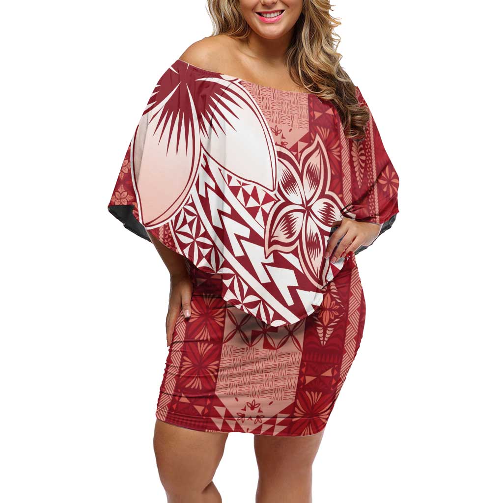 Tonga Kupesi Ngatu Family Matching Off Shoulder Short Dress and Hawaiian Shirt Vintage Red Plumeria