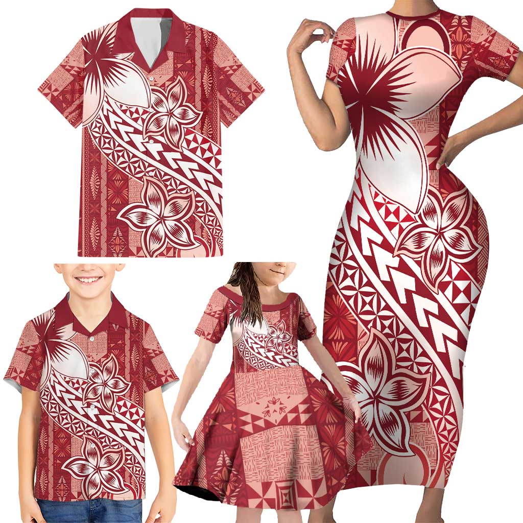 Tonga Kupesi Ngatu Family Matching Short Sleeve Bodycon Dress and Hawaiian Shirt Vintage Red Plumeria
