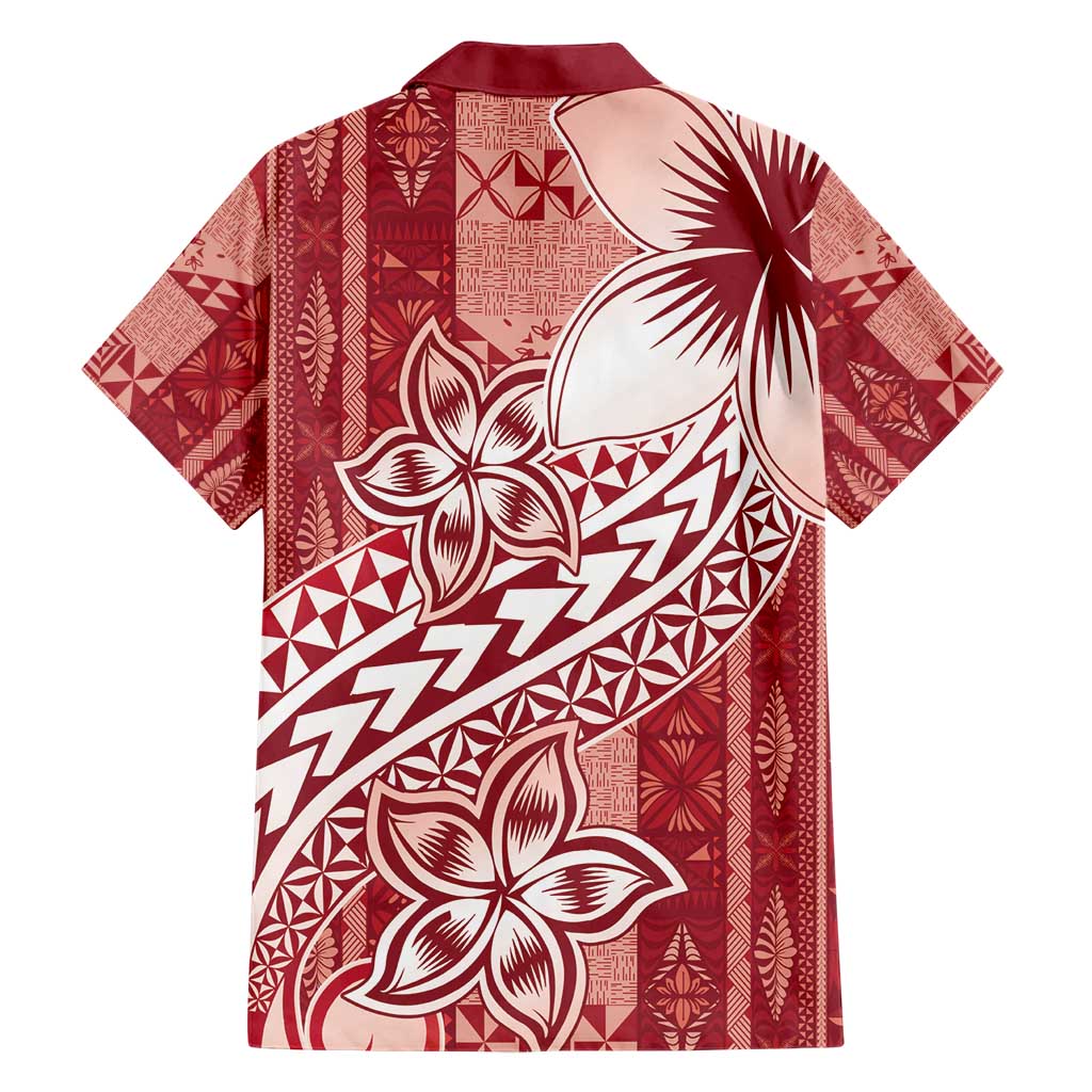 Tonga Kupesi Ngatu Family Matching Short Sleeve Bodycon Dress and Hawaiian Shirt Vintage Red Plumeria