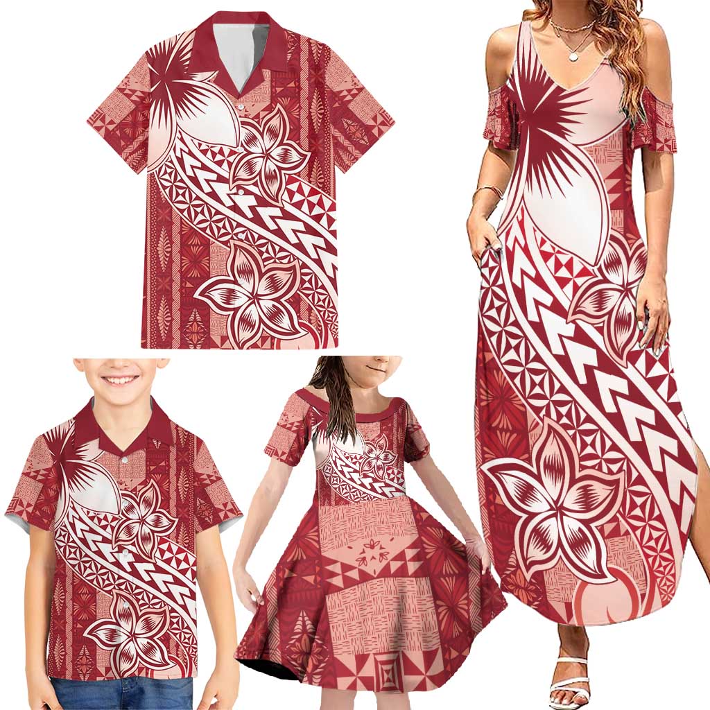 Tonga Kupesi Ngatu Family Matching Summer Maxi Dress and Hawaiian Shirt Vintage Red Plumeria