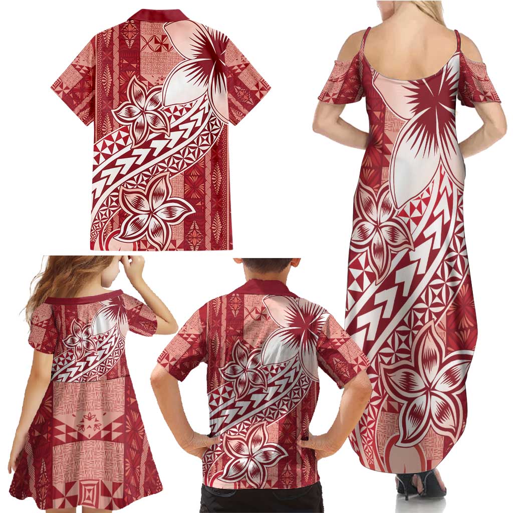 Tonga Kupesi Ngatu Family Matching Summer Maxi Dress and Hawaiian Shirt Vintage Red Plumeria