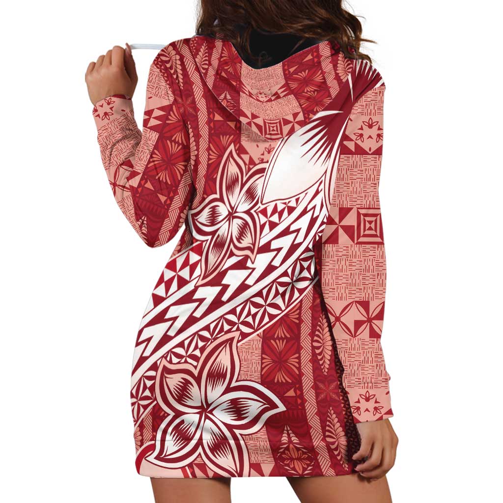 Tonga Kupesi Ngatu Hoodie Dress Vintage Red Plumeria LT05 - Polynesian Pride