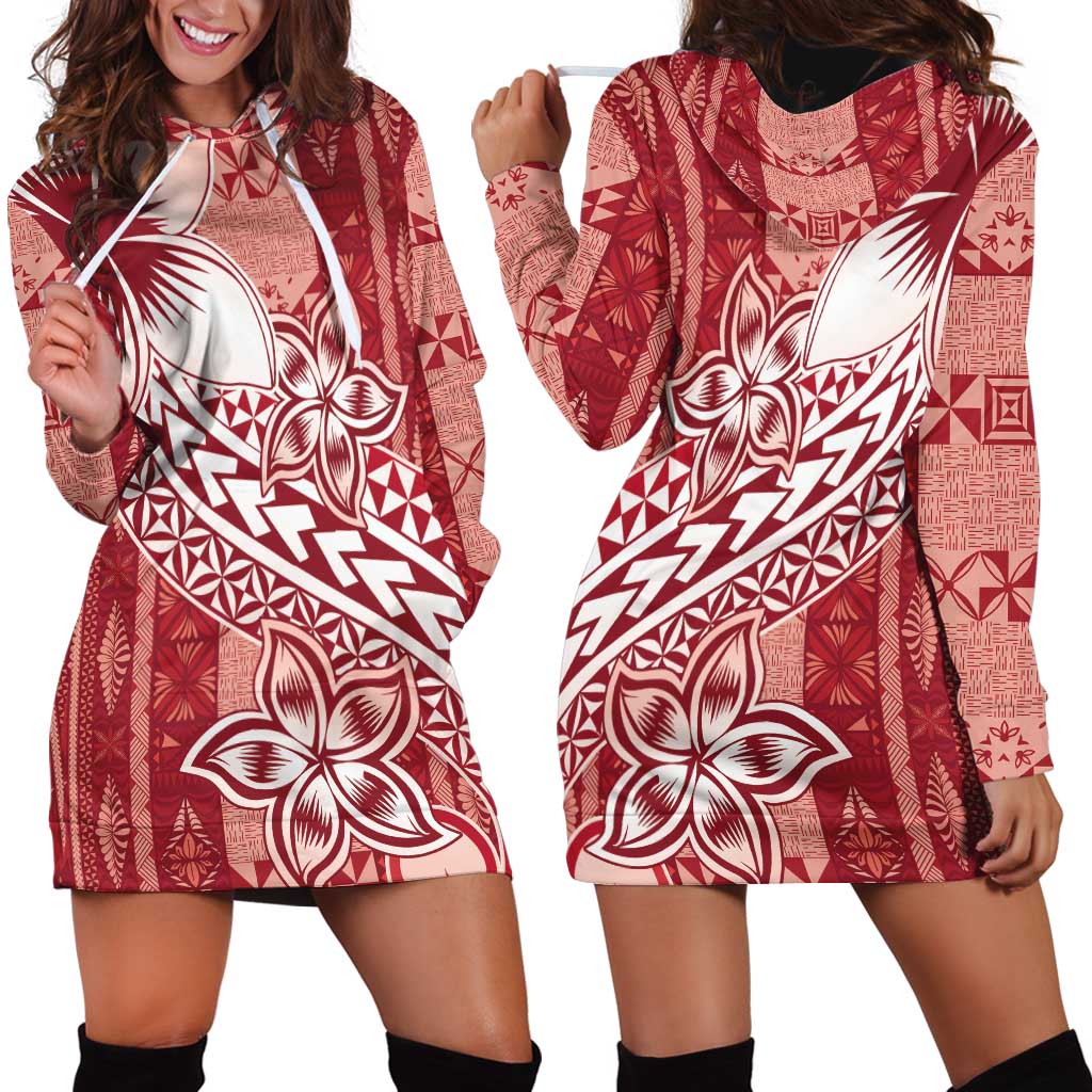 Tonga Kupesi Ngatu Hoodie Dress Vintage Red Plumeria LT05 - Polynesian Pride