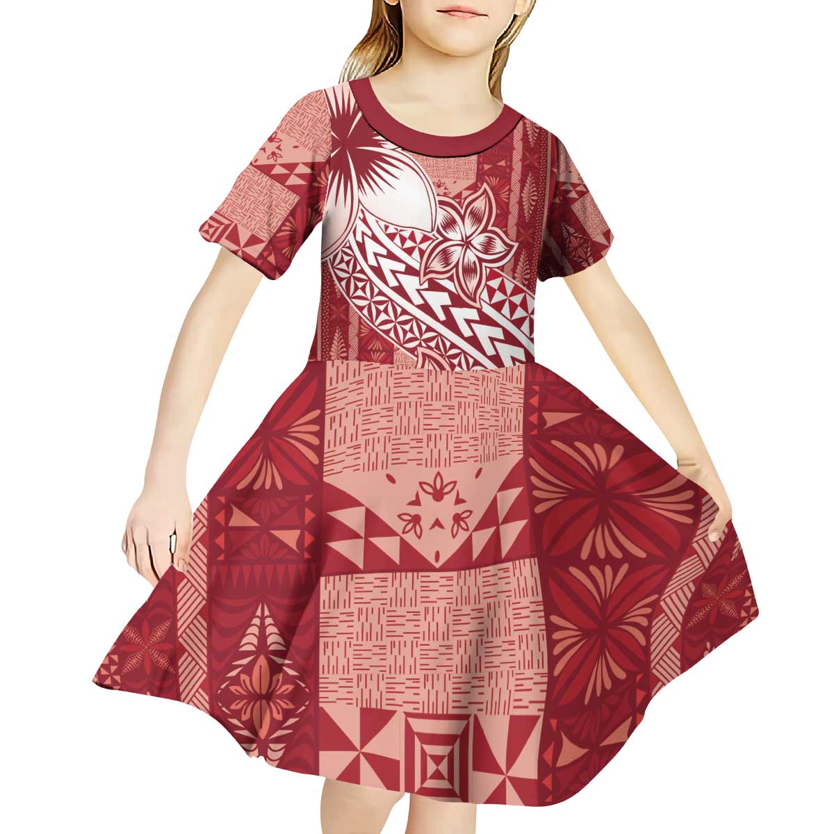 Tonga Kupesi Ngatu Kid Short Sleeve Dress Vintage Red Plumeria